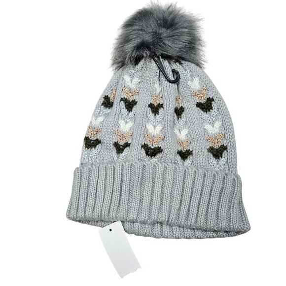 Unbranded NWT Knitted Winter Beanie With Pom Pom & Heart‎ cable Pattern Gray - Picture 4 of 6